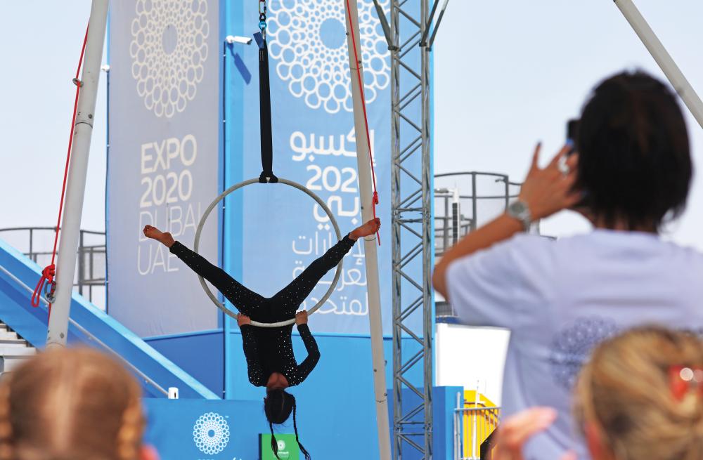 "DUBAI, 09 March 2022. Maiya Anoshko from Belarus performs during the World Aerial Gymnastics Championship 2022 (Day 1) at Expo Sports Arena, Expo 2020 Dubai. (Photo by David Gray/Expo 2020 Dubai)"