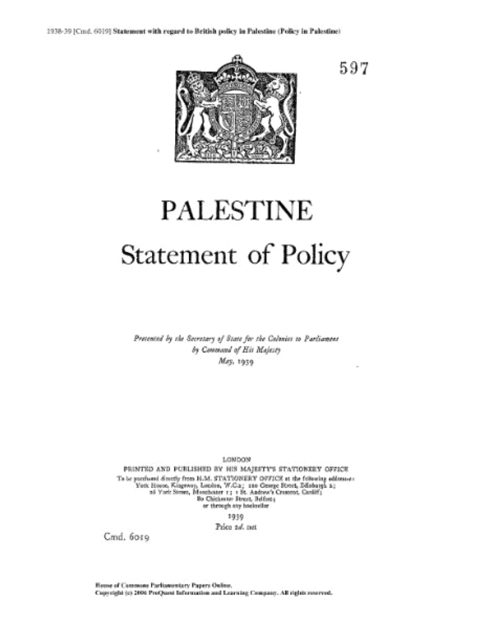 الصورة : 1939 بريطانيا تصدر الكتاب الأبيض لإقامة دولة تضم العرب واليهود في فلسطين